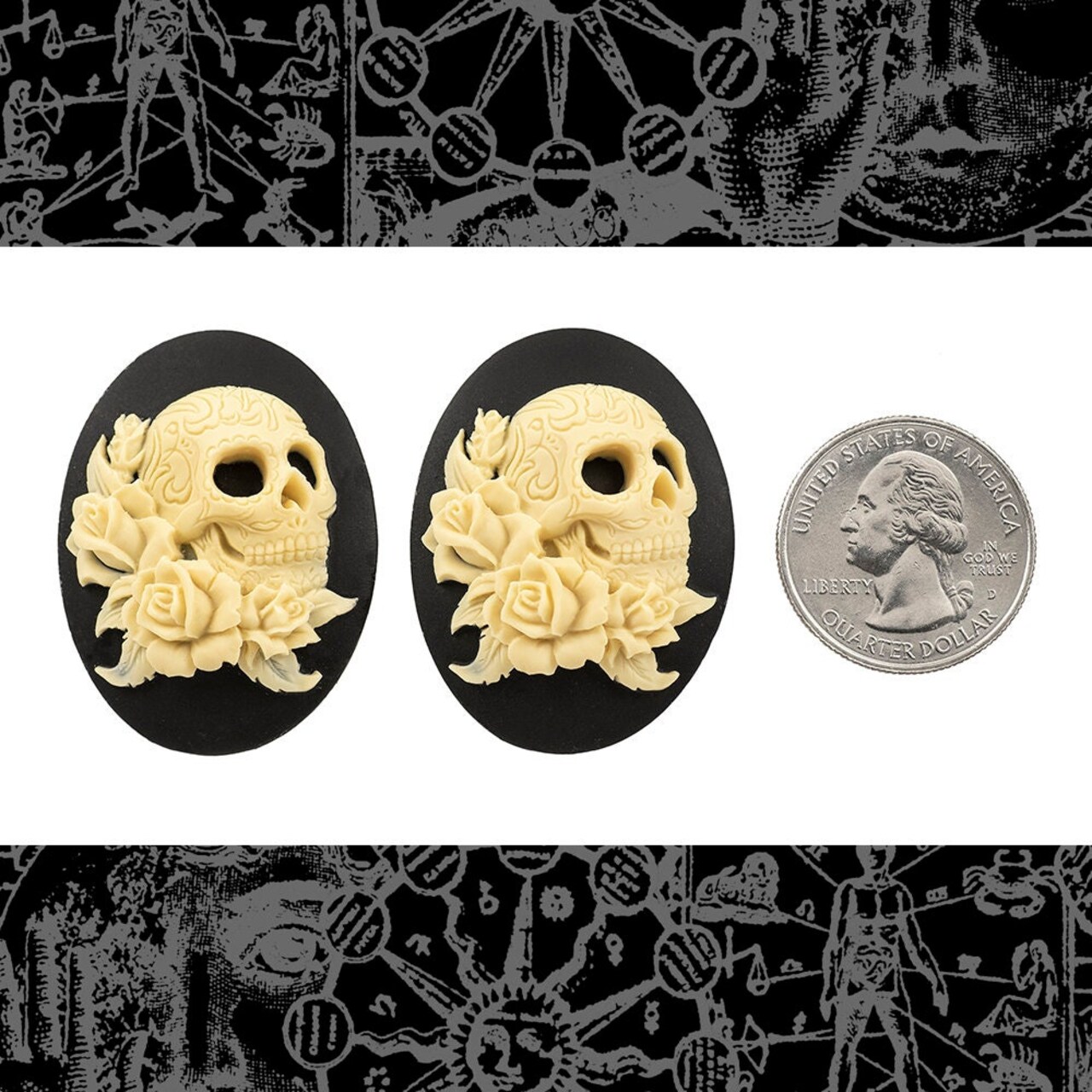 Floral Skull Cameos - Two Black and Cream 30mm x 40mm Resin Cameos - CAM157